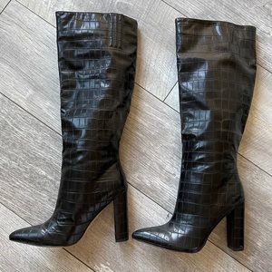 BLACK CROC KNEE HIGH BOOTS